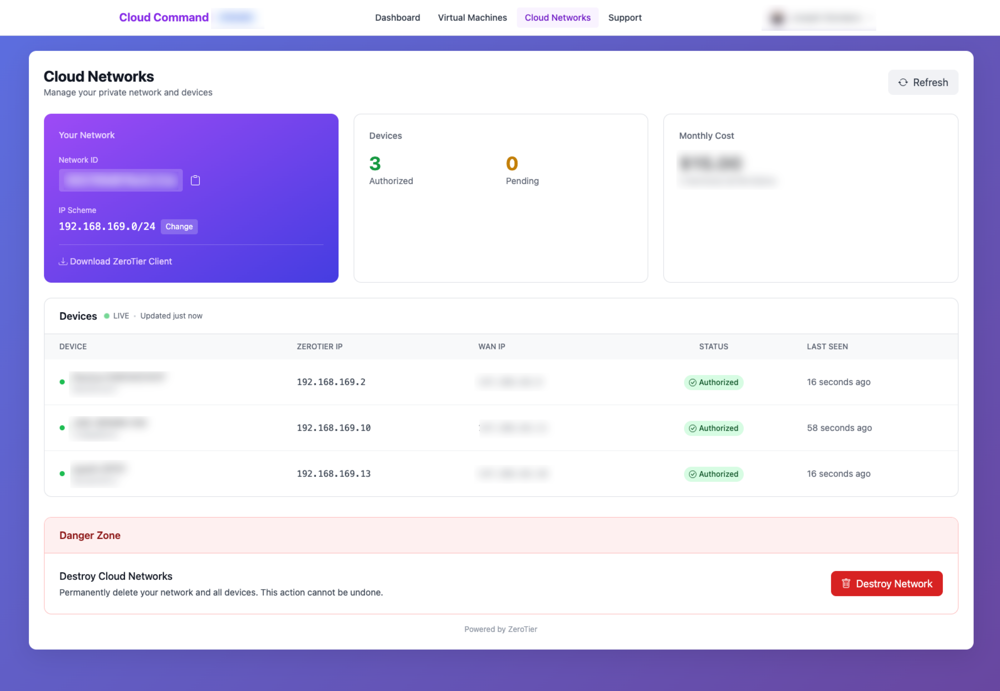 Cloud Networks Dashboard - Create and manage virtual networks